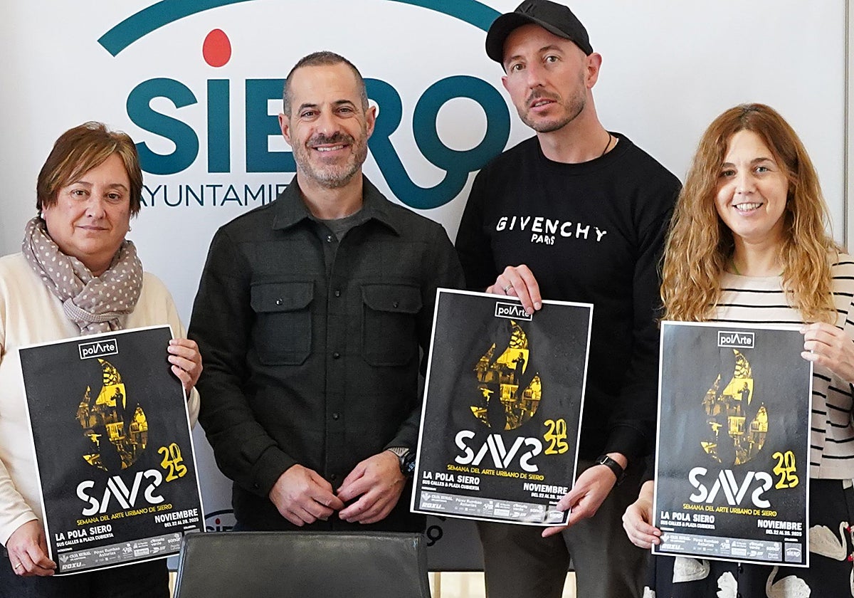 La edil Ana Nosti y el alcalde de Siero, Ángel García, con Eduardo González y Noelia Blanco, de Polarte.