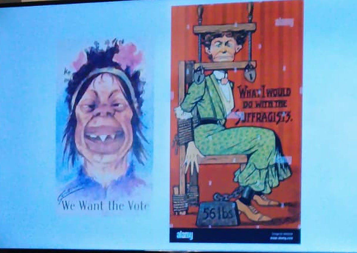 Imagen secundaria 1 - En la foto superior, el público asistente a las jornadas. En la segunda, los poster sobre las sufragistas. Finalmente, las frases de personajes históricos sobre la mujer.