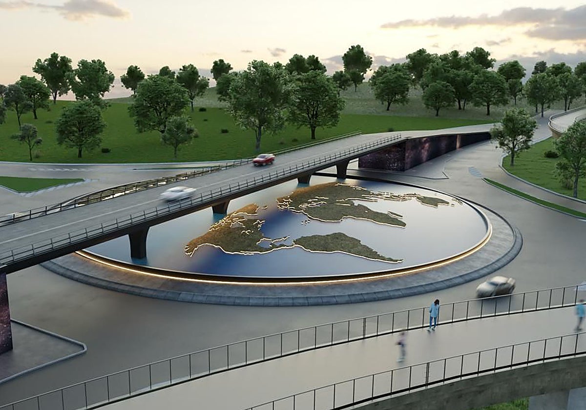 Infografía del mapamundi en la rotonda de la AS-17 en Lugones.