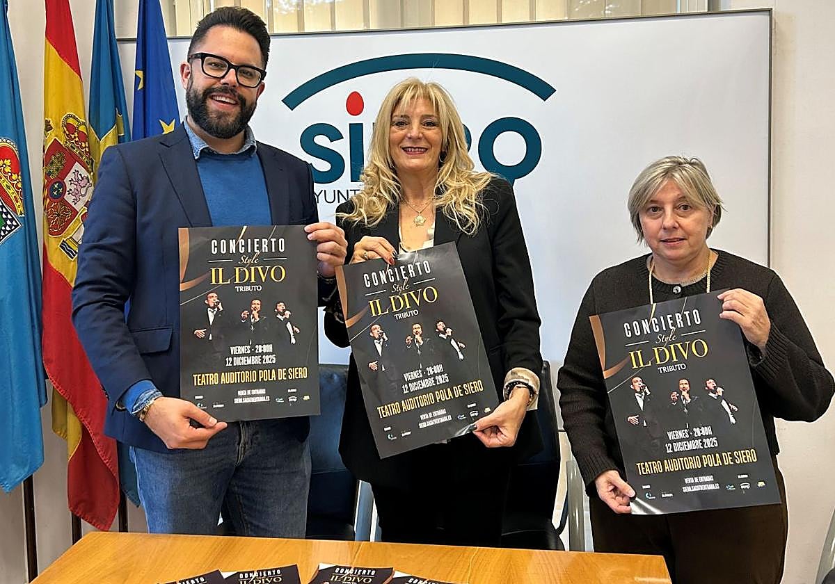 José Burbón, de la empresa promotora del concierto; la concejala de Cultura de Siero, Aurora Cienfuegos; e Isabel González, directora de la Fundación Municipal de Cultura.