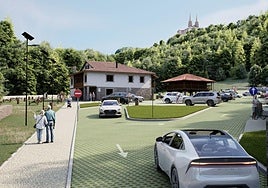 Recreación de cómo quedaría el aparcamiento habilitado en la finca de Les Llanes, con la Basílica de Santa María la Real al fondo.