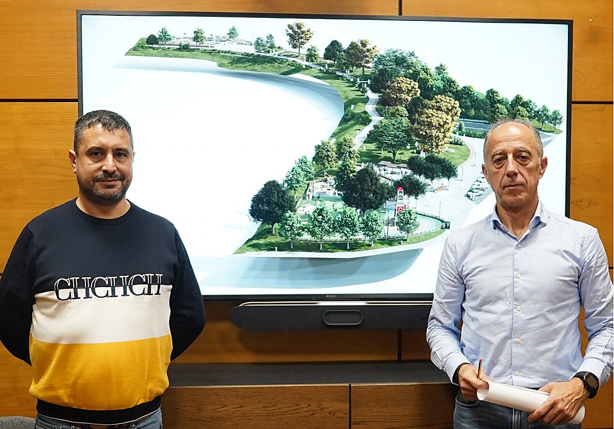 Javier Rodríguez y Jesús Abad, ante una recreación del futuro parque.