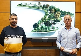 Javier Rodríguez y Jesús Abad, ante una recreación del futuro parque.