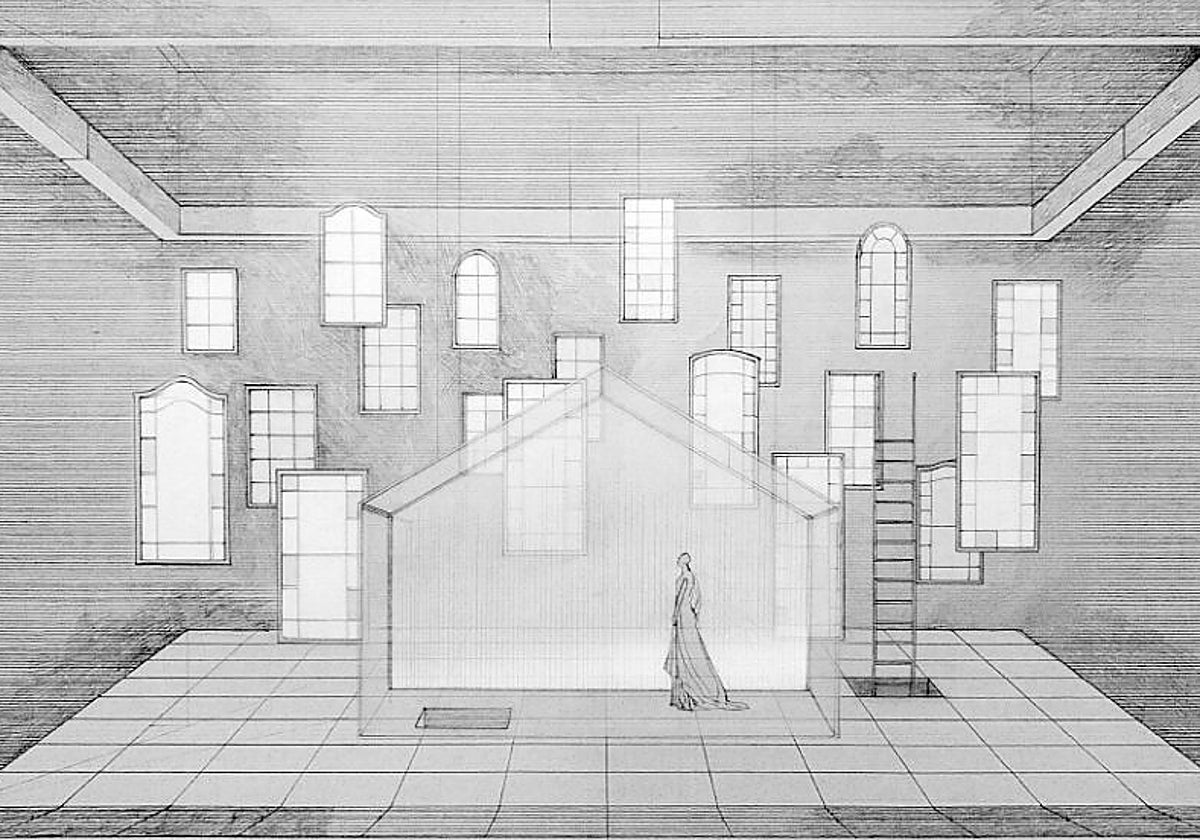 Boceto de la escenografía para el montaje en el Teatro Campoamor.