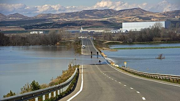 La carretera NA-5202 Fustiñana-Ribaforada (Navarra) anegada hoy y que continúa cortada tras la última crecida del Ebro. 