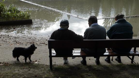 Tres jubilados disfrutan de su tiempo libre sentados en el banco de un parque.
