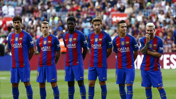 Denis Suárez, Samper, Samuel Umtiti, Lucas Digne, y André Gomes.