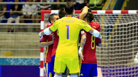 Jugadores de la selección española de fútbol sala en el Mundial de Futsal Colombia 2016.