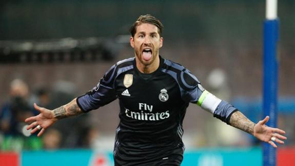 El defensa madridista Sergio Ramos celebra su gol clave en San Paolo. 