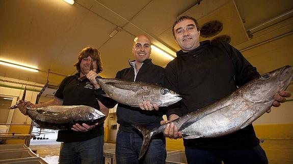 Fidel Álvarez, patrón del ‘Esmeralda Tercero’; Igor Fernández, responsable de compras de Alimerka, e Íñigo Oronoz, patrón del ‘Gaztelugatxeko’, con tres bonitos.