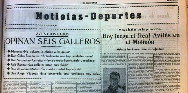 Reproducción de la portada de la sección de deportes de LA VOZ DE AVILÉS hace 50 años, donde las peleas de gallos robaban protagonismo a la información de fútbol. 