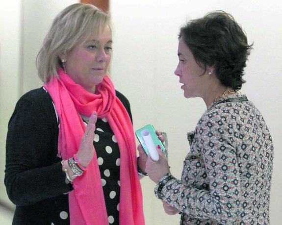Mercedes Fernández y Dolores Carcedo charlan en los pasillos de la Junta. 