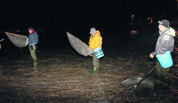 Un grupo de anguleros, en la noche de ayer en el entorno de la punta del arenal, en Ribadesella. 