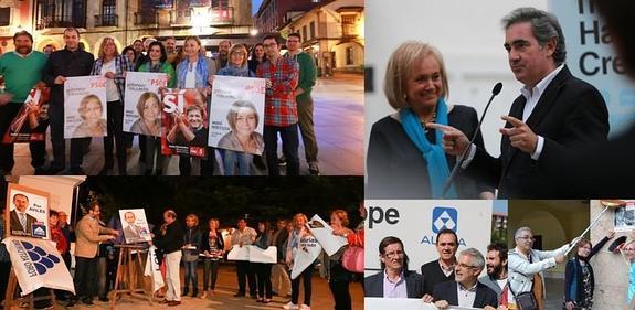 De arriba a abajo y de izquierda a derecha, los actos iniciales de campaña del PSOE, el PP,  Foro, IU y Ciudadanos. :: MARIETA