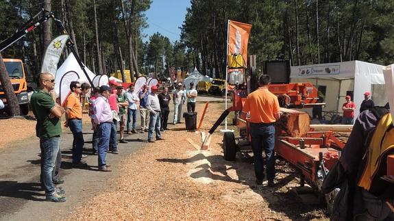 Los primeros visitantes, en la feria, junto a uno de los puestos. 