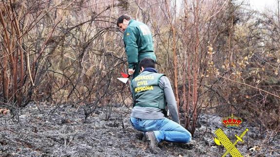 Dos agentes acotan una zona calcinada, cerca de Oviedo. 