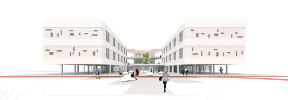 Recreación del exterior de la futura residencia universitaria, según diseño del arquitecto Martín Lejarraga. 