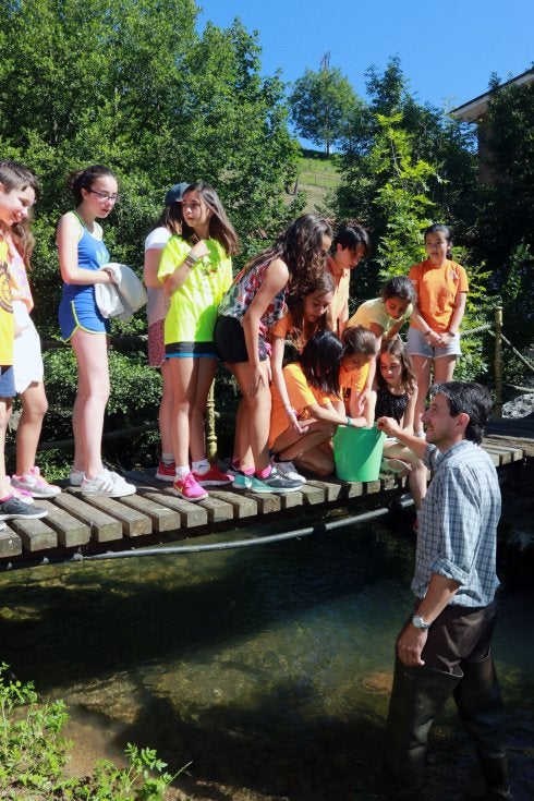 Los pequeños ayudando a repoblar los ríos de Morcín. 