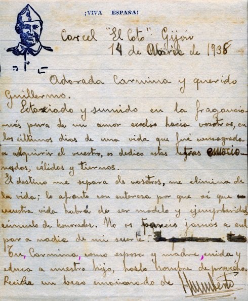 Carta remitida por Humberto Alonso a su mujer y su hijo desde la cárcel gijonesa de El Coto el 14 de abril de 1938. 
