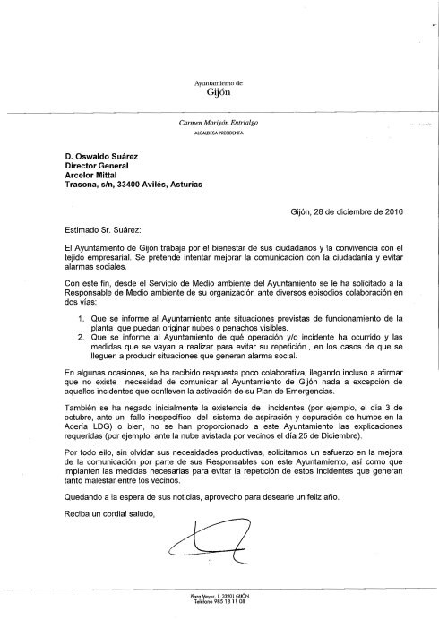  Carta a Arcelor. Detalle de la misiva que Carmen Moriyón envió el pasado miércoles al director general de la multinacional. 