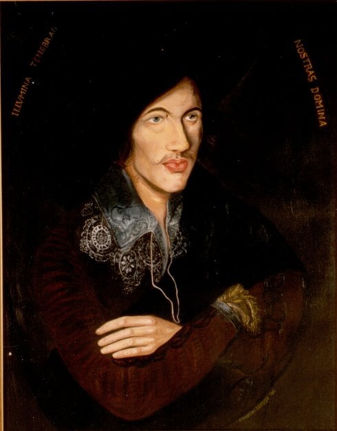 Arriba, retrato anónimo de John Donne que ilustra la portada del libro. Debajo, el profesor José Benito Álvarez-Buylla y la portada del libro. Al lado, uno de los poemas traducidos por el asturiano.