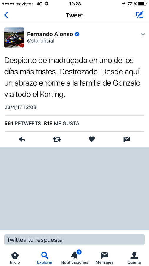 Fernando Alonso, destrozado por la muerte de Gonzalo