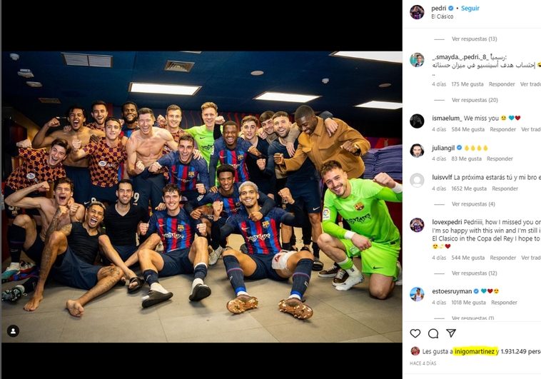 Iñigo Martínez da &#039;me gusta&#039; a la celebración de Pedri de la victoria del Barça ante el Madrid