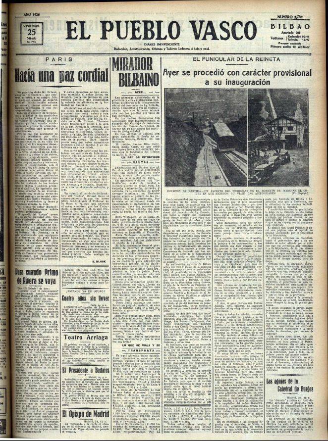 Portada del diario El Pueblo Vasco al día siguiente de la inauguración.