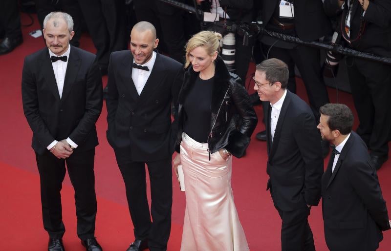 El director belga Joachin Lafosse, el actor francés Reda Kateb, la actriz Uma Thurman, el director egipcio Mohammed Diab y el productor checo Karel Och