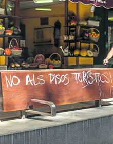 Imagen secundaria 2 - ‘Escrache’. Activistas de Arran se manifiestan con pancartas y botes de humo ante los barcos y restaurantes del puerto de Palma. Debajo, pintadas contra los turistas en la capital balear. 