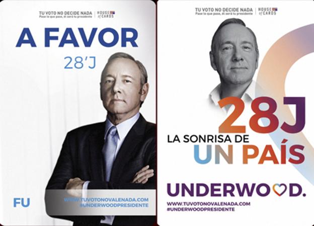 Frank Underwood, protagonista de la serie 'House of Cards', parodió los carteles electorales de PP y Podemos.