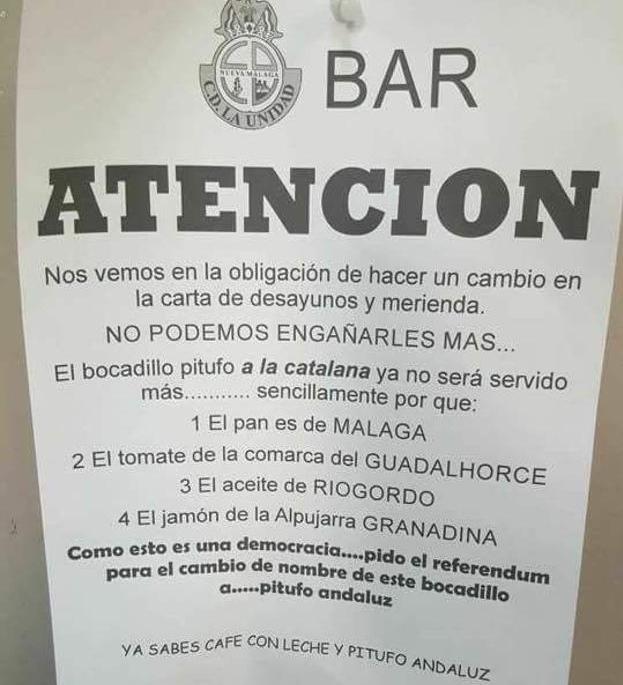 El genial cartel de un bar andaluz que deja de vender su bocadillo 'a la catalana'