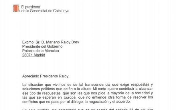 Consulta la carta enviada por Puigdemont a Rajoy