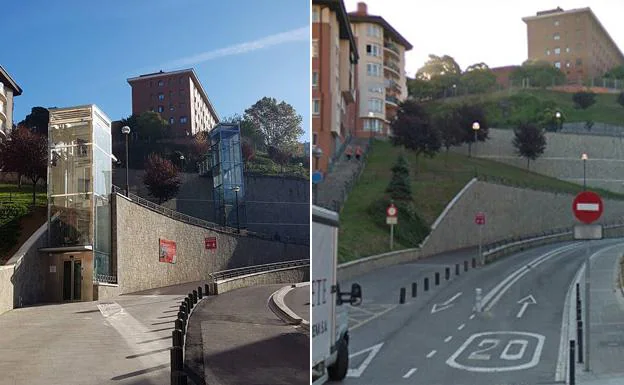 El alcalde Aburto y el concejal Barkala, en la inauguración de los ascensores de Atxuri.