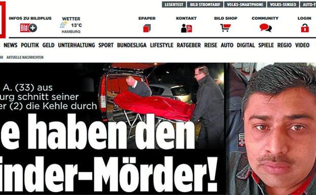 Portada de la página web del diario alemán 'Bild', con la imagen del sospechoso del crimen y el momento en el que los empleados del servicio funerario introducen el cuerpo sin vida de la niña de 2 años en el furgón. 