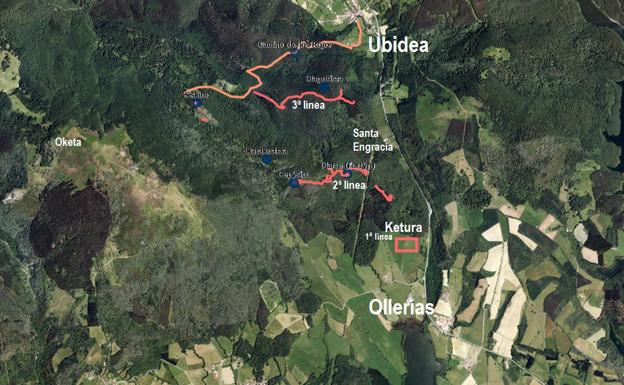 Plano de situación de los búnkeres de Ketura, en la vanguardia republicana, con las otras dos líneas defensivas en posiciones más retrasadas y el denominado 'Camino de los rojos'. 