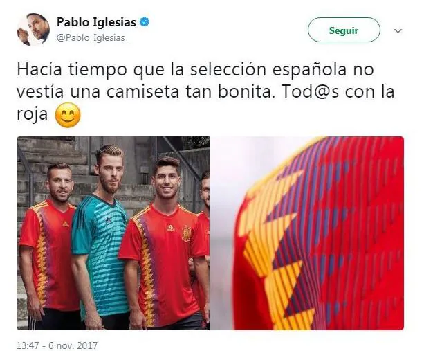 La camiseta para el Mundial de Rusia 2018 derivado de la combinación del color azul petróleo sobre un fondo rojo, que aparece como morado en los medios audiovisuales, ha provocado polémica por su parecido a la bandera republicana