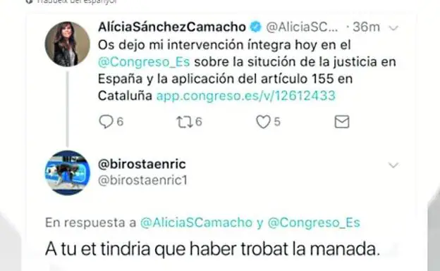 El tuit de la polémica, sobre estas líneas en catalán.