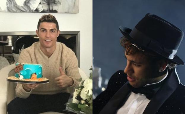 Cristiano Ronaldo muestra a sus seguidores una tarta de cumpleaños. Neymar parte la suya en su fiesta de París.