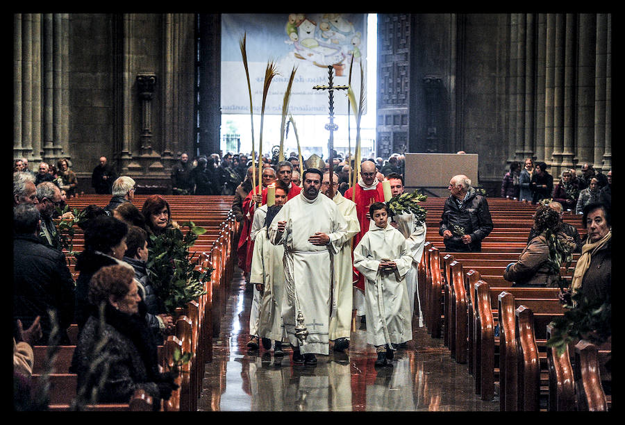 Rodeado de feligreses que portaban sus ramos de laurel y sus palmas, el obispo de Vitoria, Juan Carlos Elizalde, ha realizado la tradicional bendición del Domingo de Ramos en el pórtico de la catedral de María Inmaculada. Después, en el interior, ha oficiado la misa, con la lectura del Evangelio sobre la Pasión de Cristo.