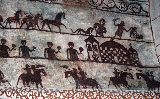 Guerreros y escenas enigmáticas en las paredes de la iglesia de Alaiza.