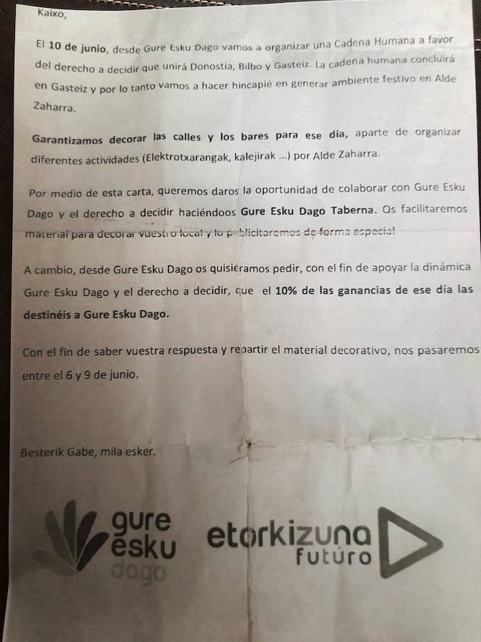 El contenido de la carta enviada a los bares.