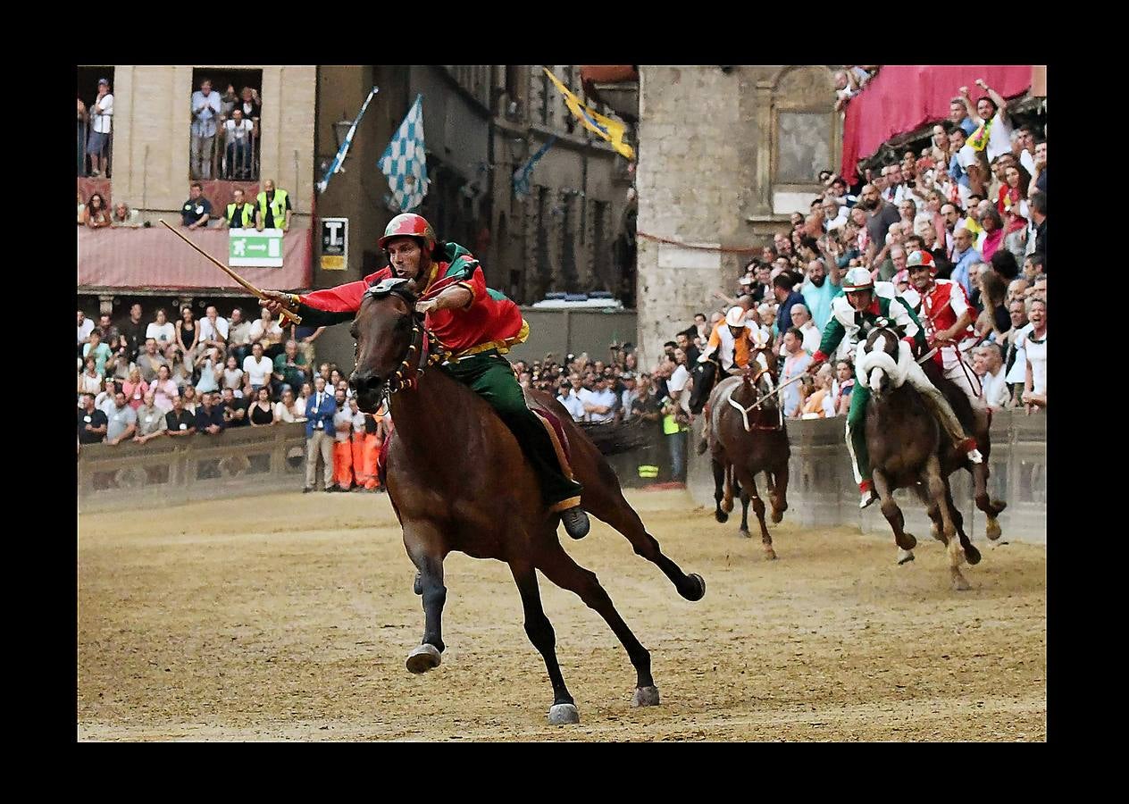 En la Piazza del Campo, en pleno corazón de Siena, en la Toscana, se celebra cada año, en dos ocasiones (las fotografías se tomaron el 2 de julio), la carrera de caballos de origen medieval conocida como «Il Palio.» La ciudad se engalana con estandartes, blasones y guirnaldas para celebrar tres días de alegría durante los cuales, además de participar en las bendiciones de los animales, es posible disfrutar de música y conciertos. En la carrera participan diez caballos, que representan a alguna de las «contradas» o distritos de la ciudad, y han de dar tres vueltas completas a la Piazza del Campo. El primero en terminarlas, con o sin jinete, será el ganador.