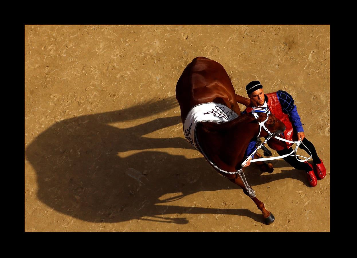 En la Piazza del Campo, en pleno corazón de Siena, en la Toscana, se celebra cada año, en dos ocasiones (las fotografías se tomaron el 2 de julio), la carrera de caballos de origen medieval conocida como «Il Palio.» La ciudad se engalana con estandartes, blasones y guirnaldas para celebrar tres días de alegría durante los cuales, además de participar en las bendiciones de los animales, es posible disfrutar de música y conciertos. En la carrera participan diez caballos, que representan a alguna de las «contradas» o distritos de la ciudad, y han de dar tres vueltas completas a la Piazza del Campo. El primero en terminarlas, con o sin jinete, será el ganador.