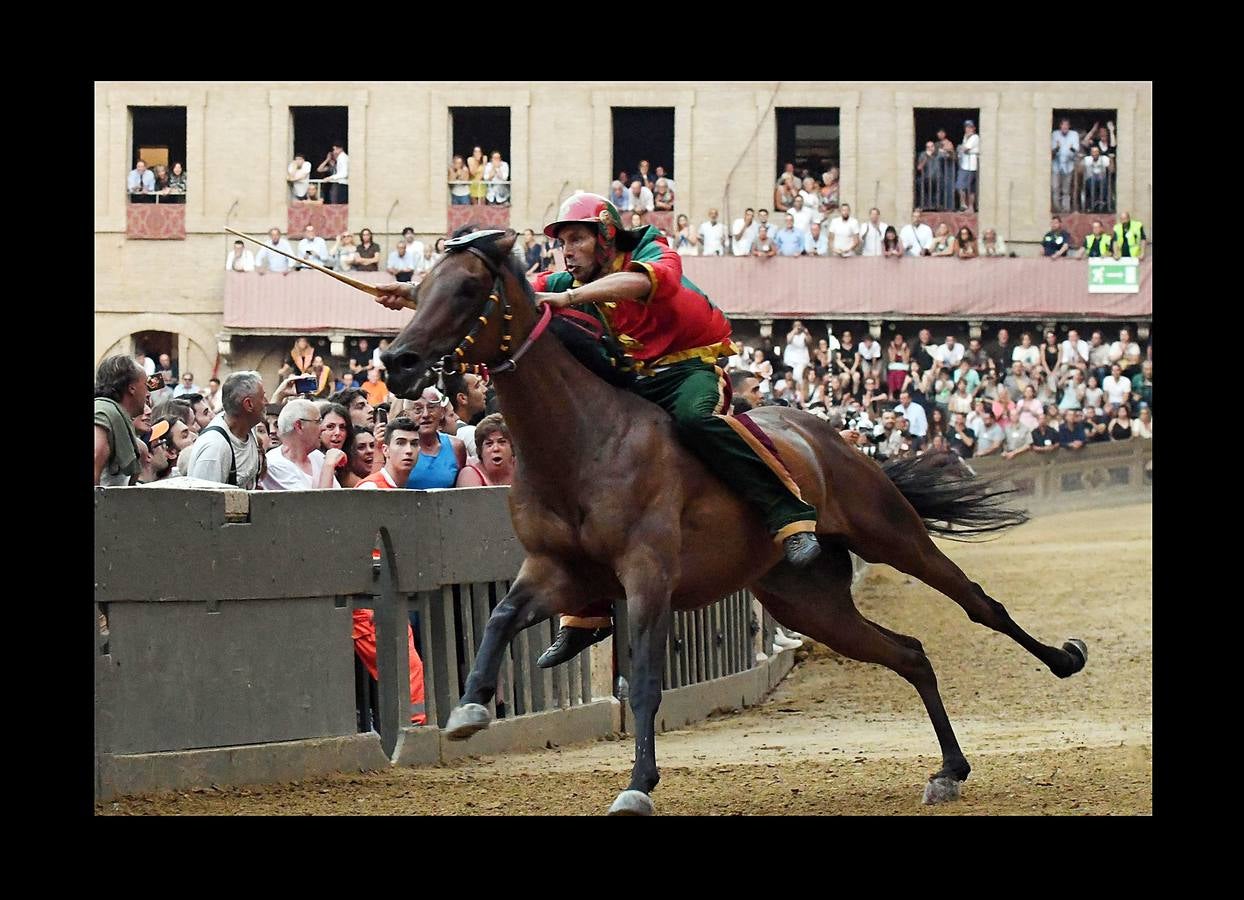 En la Piazza del Campo, en pleno corazón de Siena, en la Toscana, se celebra cada año, en dos ocasiones (las fotografías se tomaron el 2 de julio), la carrera de caballos de origen medieval conocida como «Il Palio.» La ciudad se engalana con estandartes, blasones y guirnaldas para celebrar tres días de alegría durante los cuales, además de participar en las bendiciones de los animales, es posible disfrutar de música y conciertos. En la carrera participan diez caballos, que representan a alguna de las «contradas» o distritos de la ciudad, y han de dar tres vueltas completas a la Piazza del Campo. El primero en terminarlas, con o sin jinete, será el ganador.