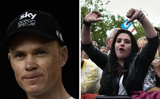 Chris Froome durante la ceremonia de presentación de equipo. A la derecha, una asistente al acto abuchea al ciclista británico.