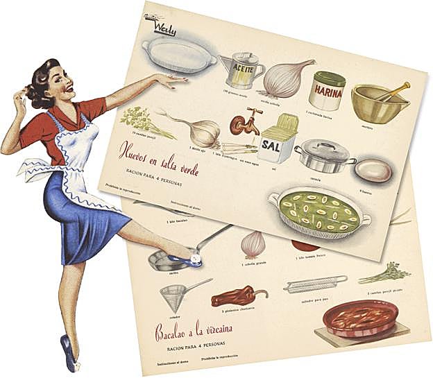 Fichas con recetas de huevos en salsa verde y bacalao a la vizcaína de la colección Waly.