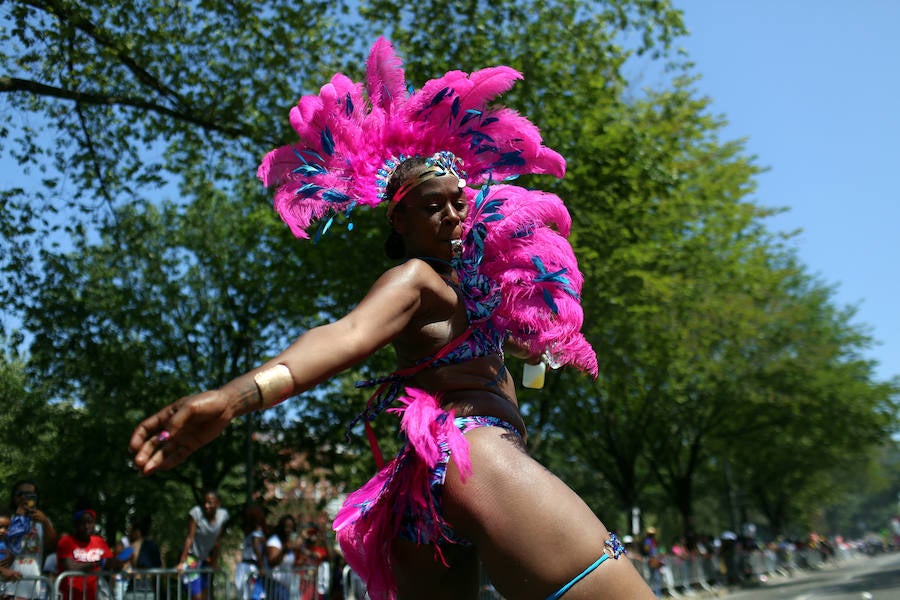 Participantes en el desfile anual del día de las Indias Occidentales el 3 de septiembre de 2018 en el barrio de Brooklyn de la ciudad de Nueva York. El desfile es una de las mayores celebraciones de la cultura caribeña en América del Norte. 