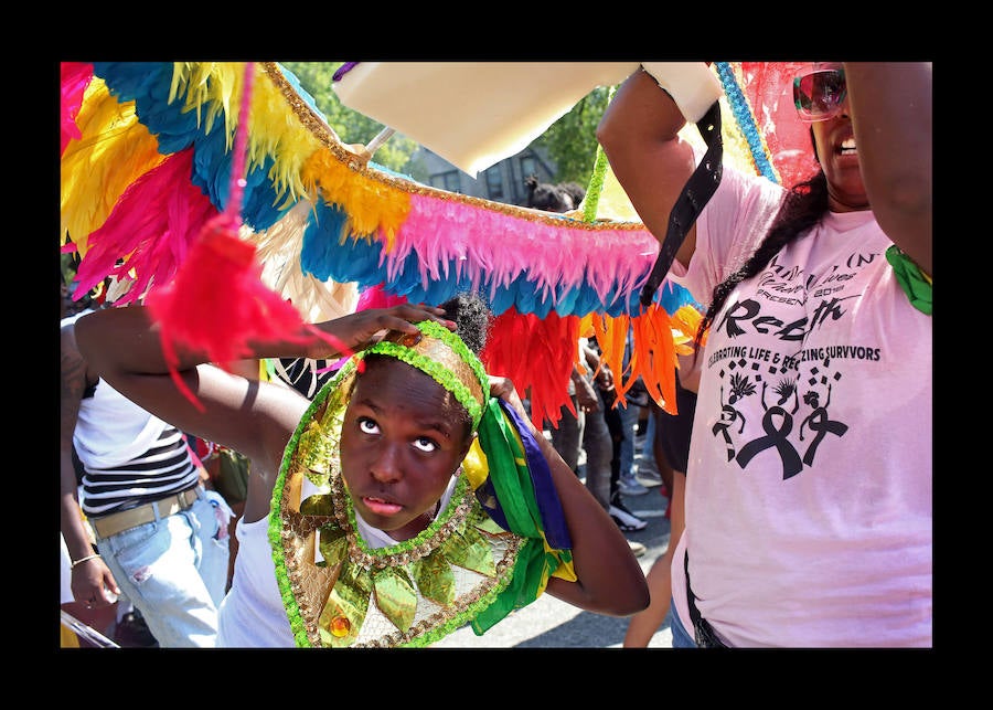 Participantes en el desfile anual del día de las Indias Occidentales el 3 de septiembre de 2018 en el barrio de Brooklyn de la ciudad de Nueva York. El desfile es una de las mayores celebraciones de la cultura caribeña en América del Norte. 