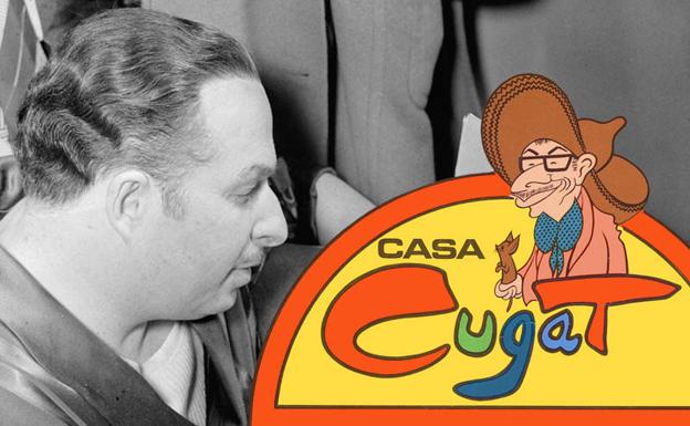 Xavier Cugat en 1946 (Wikimedia Commons CC PD) y logotipo de su restaurante. 